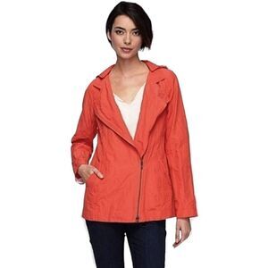 Eileen Fisher Hooded Zip Asymmetrical Rumpled Jackey SZ L Removable Hood Orange